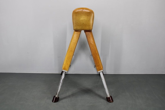 Image 1 of Tsjechoslowaaks turnpaard van leer en hout uit de jaren 50, in hoogte verstelbaar