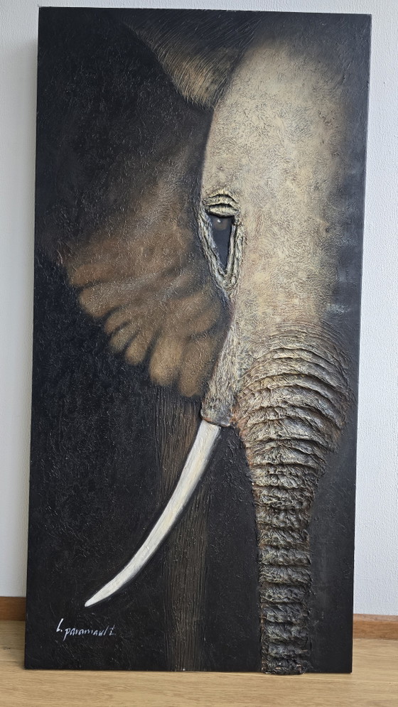 Large 3D Texture Painting Elephant L. Paramault (150x75) – Paintings & Drawings, Wood, Canvas (photo 2 of 13)