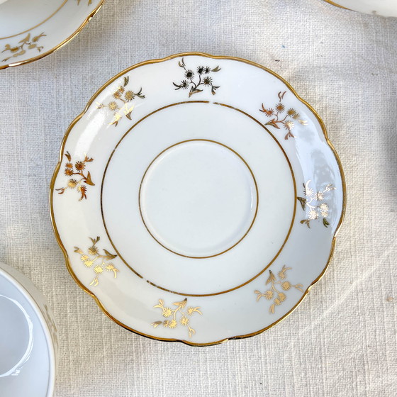 Image 1 of Set da tè/caffè vintage in porcellana bianca con finiture dorate FD Chauvigny