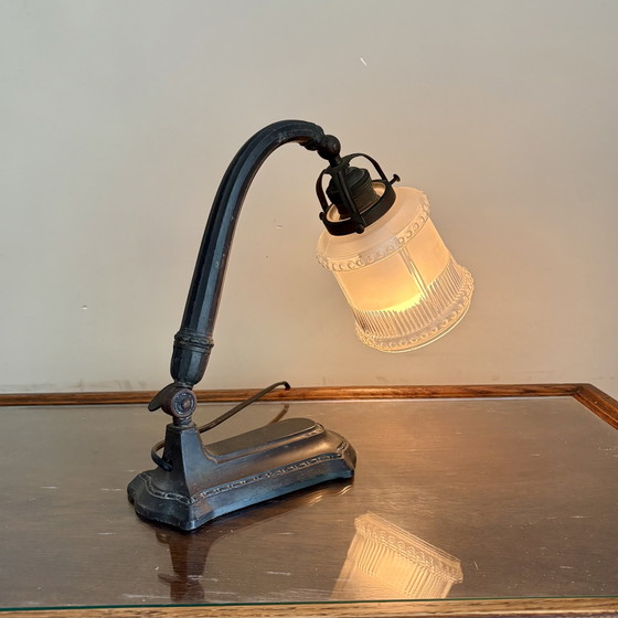 Image 1 of Art Deco desk lamp, table lamp with frosted glass, carved shade.