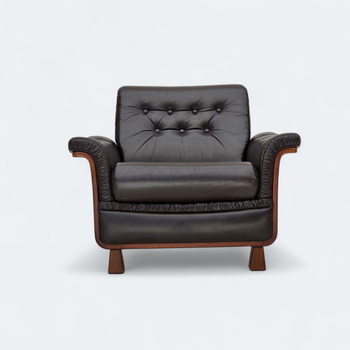 1970s Scandinavian Armchair, Brown Furniture Leather, Teak Wood Legs