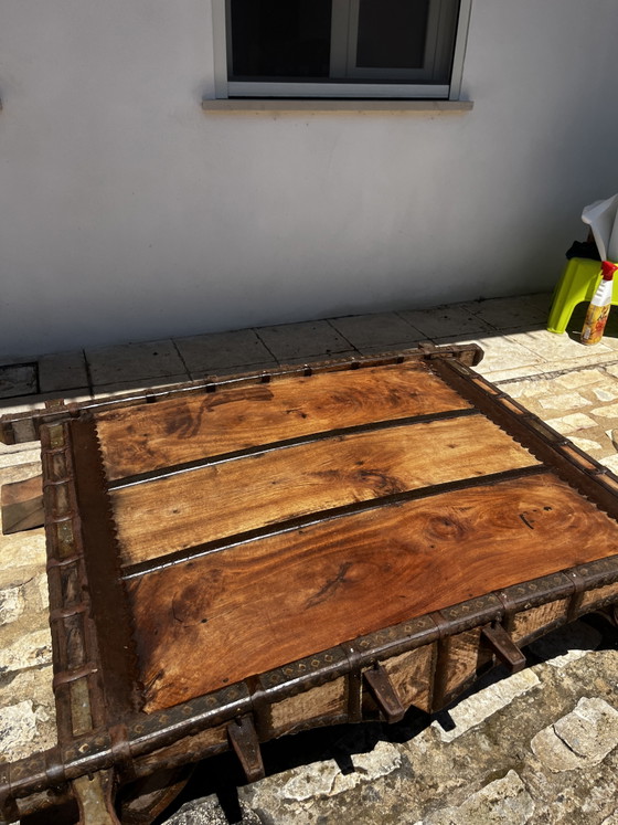 Image 1 of Tavolo Da Carro Indiano in Legno Massiccio e Ferro Battuto 