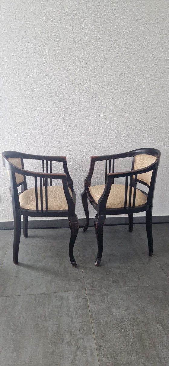 Pair of Vintage Armchairs – dark wood – professionally reupholstered – Textile (photo 5 of 7)