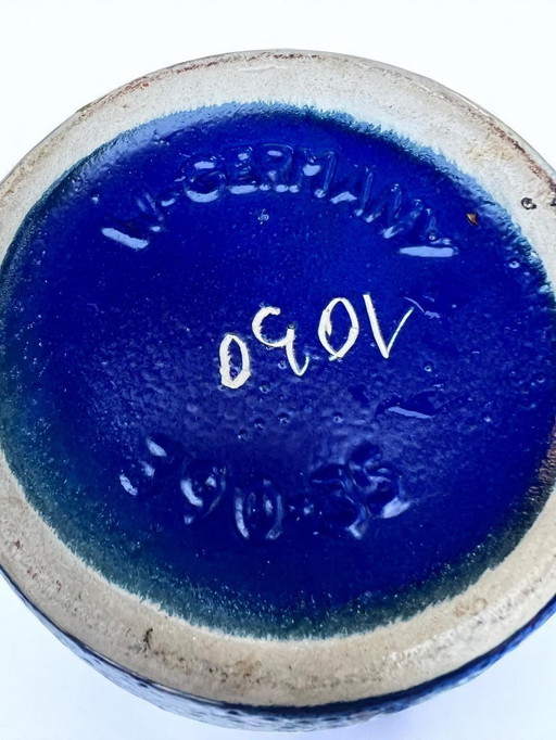 Rarität! Fohr Vintage West Germany Vase, Modell 390-35, Blaue Keramikvase mit Lava-Schaumglasur und Signatur