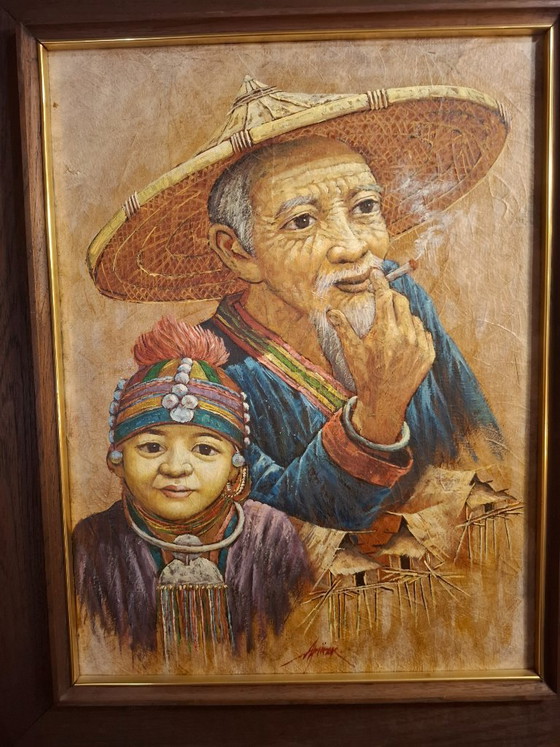 Image 1 of Vintage Thai signed Apirak Achawapichettum Elder & Child Portrait
