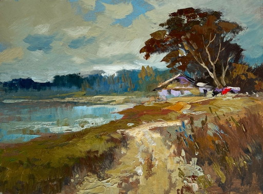 Original Oil Painting Autumn Forest Landscape House in the autumn forest