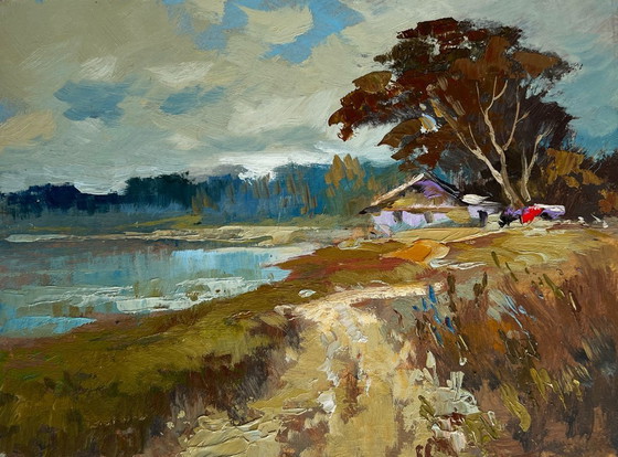 Image 1 of Original Oil Painting Autumn Forest Landscape House in the autumn forest