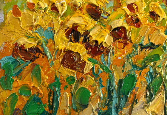 Image 1 of Original Oil Painting Flowers Village Landscape Fragrant summer in the field