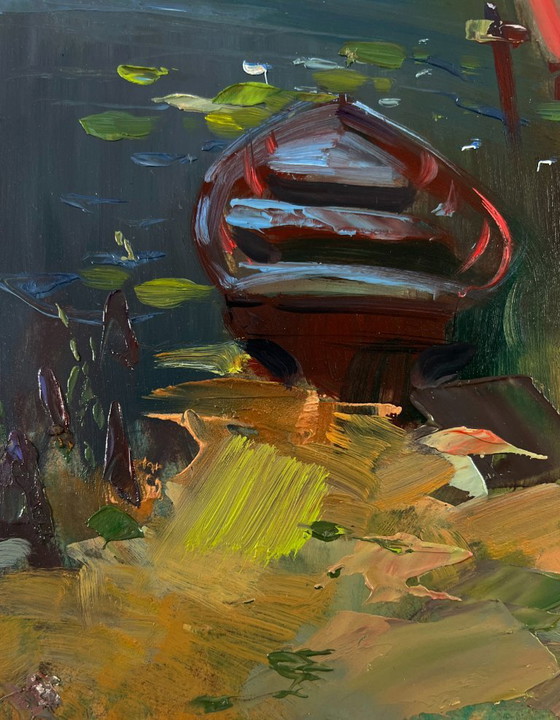 Original Oil Painting Rural Landscape Children Are Walking by the River – Paintings & Drawings, Mdf (photo 7 of 9)