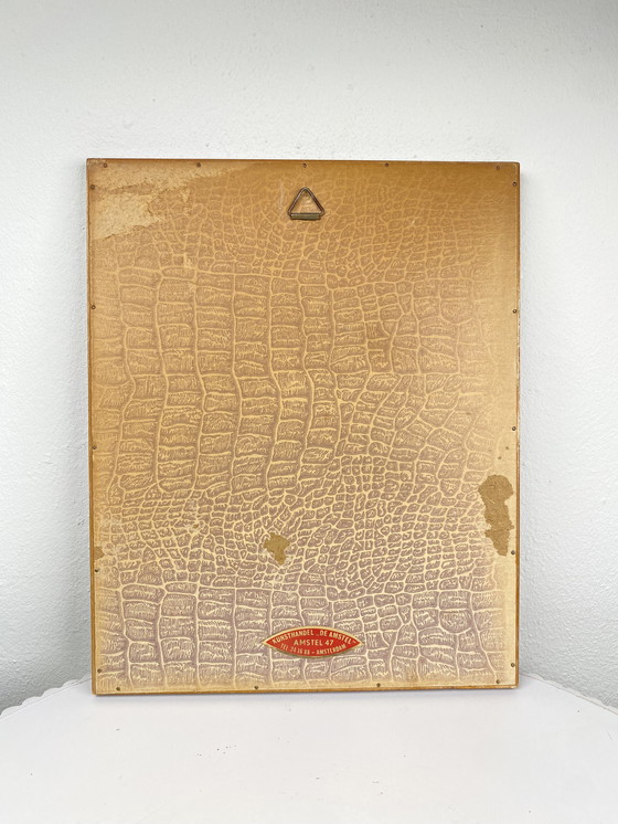 Image 1 of Kleine Vintage Kunstdruk van Amsterdam Westertoren en Grachtenpanden in Houten Vintage Lijst - Traditioneel Amsterdams Kunstwerk