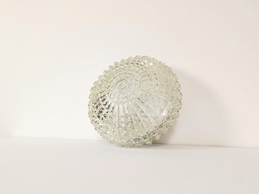 Vintage textured glass flush mount ceiling or wall light, jantar glass sconce lamp, wall light 1970s round glass
