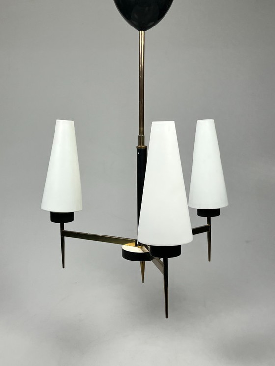 Image 1 of Lampadario/lampada a sospensione vintage, ottone con vetro lattimo, Belgio anni '70