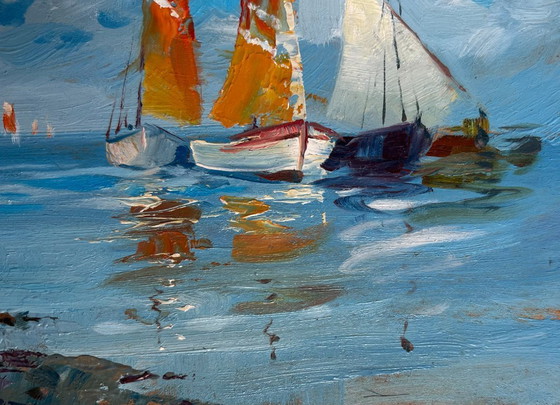 Image 1 of Peinture à l'huile originale représentant un paysage marin bleu « En voyage en mer »