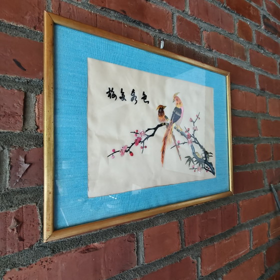 Image 1 of Vintage Chinese Silk Embroidery Birds Wall Art – Framed Mid Century Textile