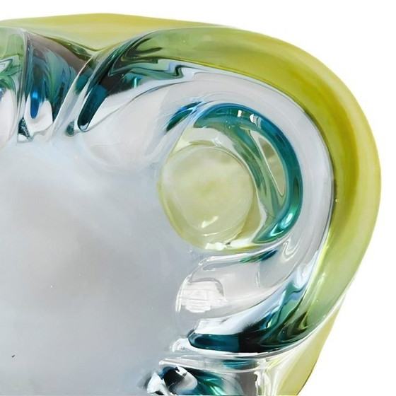 Image 1 of Vintage mid-century Bohemian glass bowl blue green 1960s