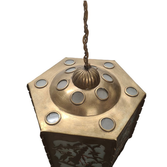 Image 1 of Lampada a sospensione antica in ottone traforato e segato, inizio XX secolo