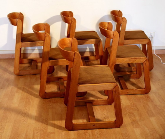 Image 1 of Chaises de salle à manger vintage Willy Rizzo pour Mario Sabot, velours marron, lot de 6, Italie années 1970