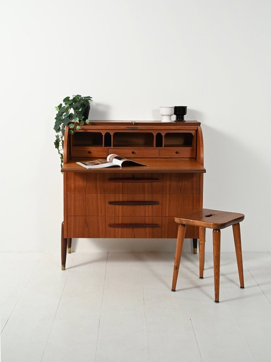 Image 1 of Secrétaire scandinavo in teak degli anni '50 con maniglie scolpite allungate