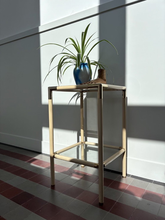 Image 1 of Vintage 1970s Italian Hollywood Regency Side Table by Banci Firenze – Cream & Brass Two-Tier Glass End Table