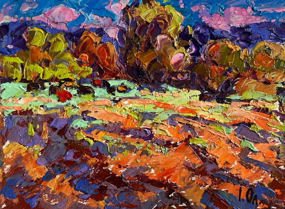 Image 1 of Original Oil Painting Sunset Field Landscape Autumn evening meadows