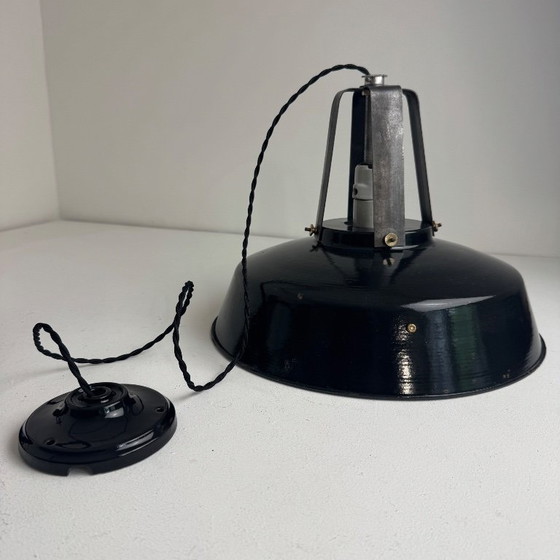 Image 1 of Pair of vintage industrial enameled "Mazda" pendant lights, 35 cm