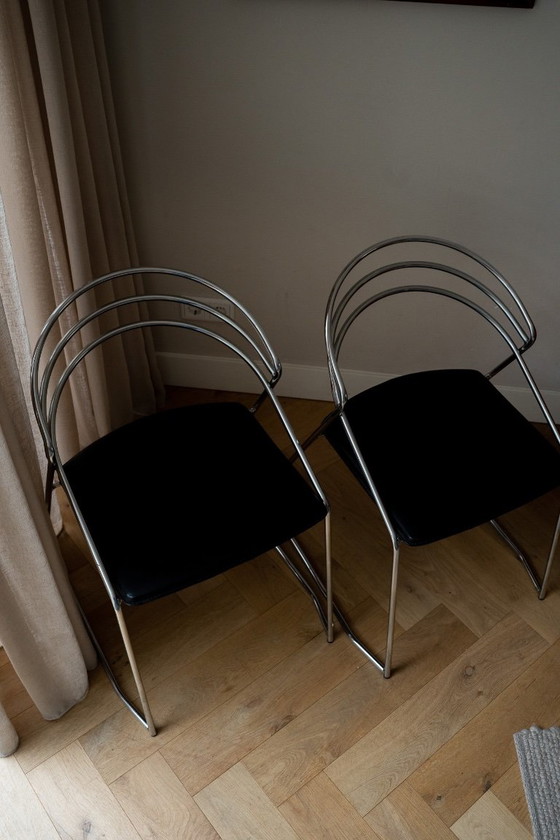 2 Vintage Design 80’s Stilistische Draadstaal Stoelen Chroom – Eetkamerstoelen, Leather (photo 8 of 10)