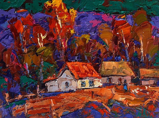 Image 1 of Original Oil Painting Autumn Village Landscape Autumn night in the village