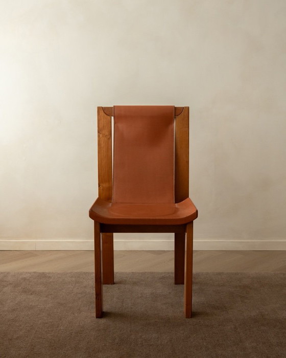 Image 1 of Brutalistische iep en lederen eetkamerstoelen van Giovanni Luigi Gorgoni voor Roche Bobois, jaren 70, set van 7