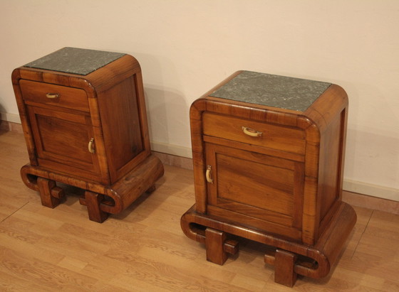 Image 1 of Pair of Art Deco Walnut Bedside Tables, 1950s Mid Century Modern, Italy