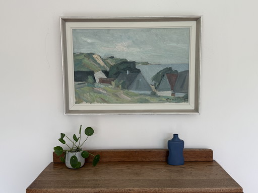 Abstract modernistisch schilderij van een kustlandschap 'Kust met huizen' van Carl Berntsson (1902-1982)