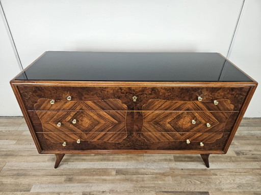 1950s chest of drawers with glass top, maple workmanship and brass knobs