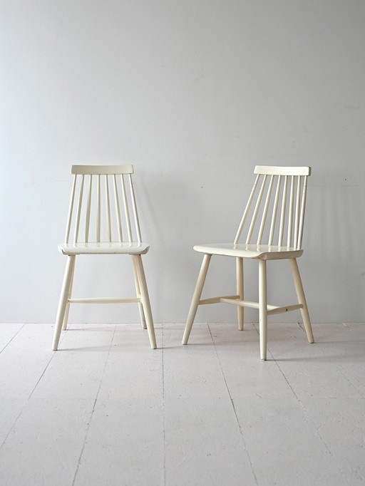 Pair Of Vintage Scandinavian White Wooden Chairs, Vertical Spindle Back Design, Nordic Dining Chairs