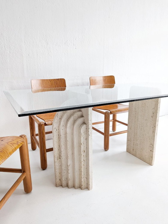Image 1 of Travertine & Glass Dining Table with Sculpted Legs 1970s