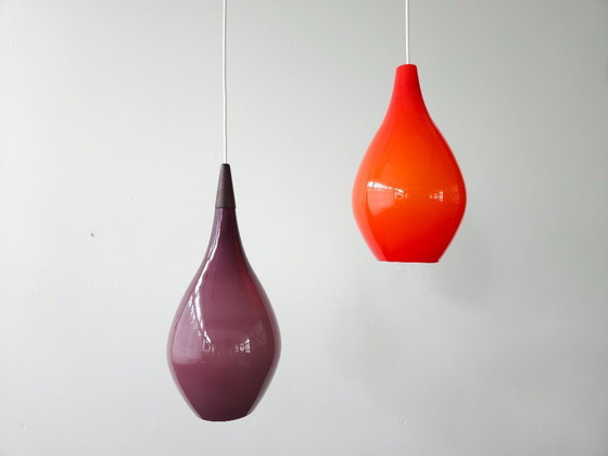 Image 1 of Drop glass mcm pendant lamp, white opal glass with purple top coat, scandinavian design