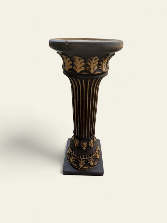 Image 1 of Zeldzaamheid! Vintage keramische plantenstandaard uit de jaren 70 in zwart en goud, klassieke inrichting, zeer goede staat
