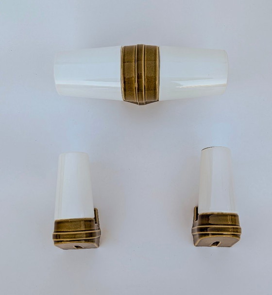 Image 1 of Mid-Century Matching Set of 3 Ochre Porcelain Wall Sconces (Models 6065 & 6080) by Sigvard Bernadotte for Ifö – 1960s