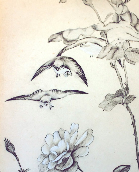 Image 1 of Vintage Japanese-inspired drawing. Vintage drawing. Drawing of flowers and birds. Japanese drawing. Antique drawing.