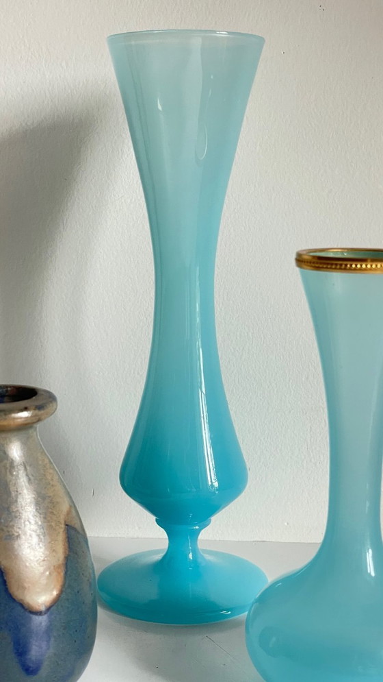 Image 1 of 3 Vintage Ocean Blue Stoneware and Opaline Glass Vases