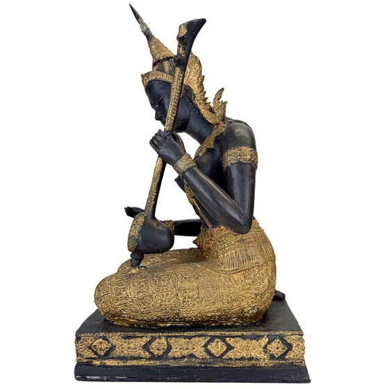Thaise Muzikant Beeld Brons – Goud Zwart Patina Tempelfiguur – Beeldhouwkunst, Bronze, Aziatisch (photo 8 of 14)