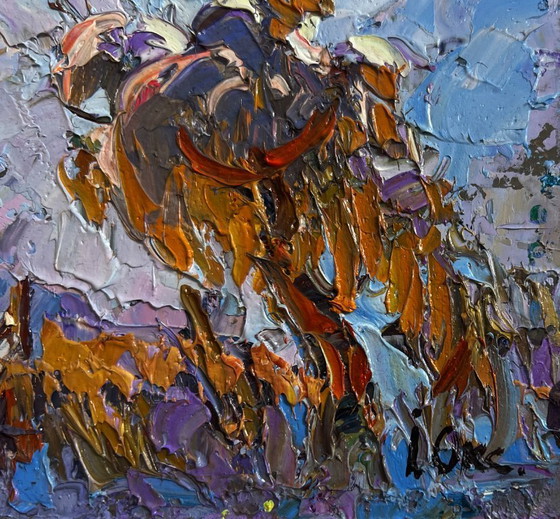 Image 1 of Original Oil Painting Winter Houses Landscape Snowy road in the village