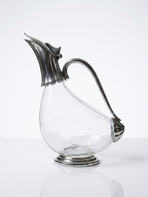 Vintage glass and silver-plated metal ewer, modernist pitcher/carafe 1950-1970