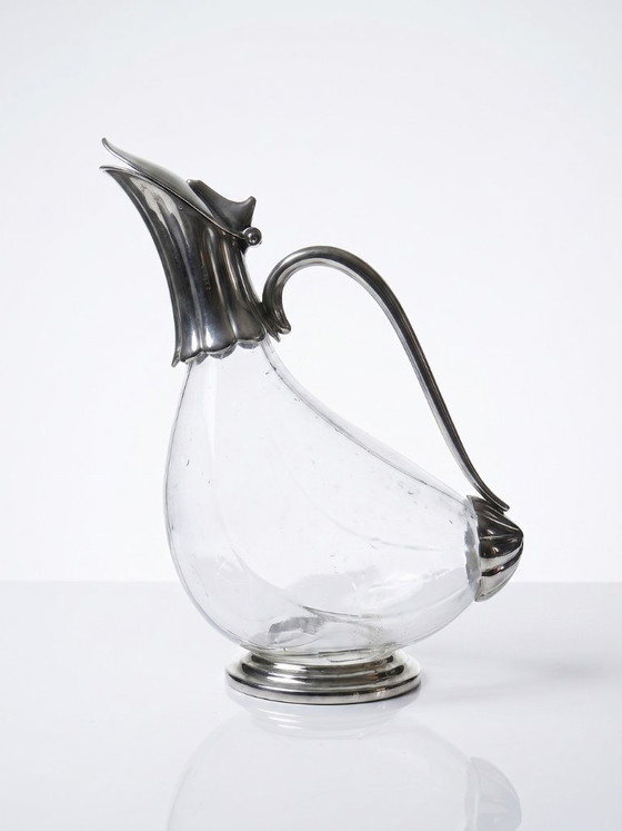 Image 1 of Vintage glass and silver-plated metal ewer, modernist pitcher/carafe 1950-1970
