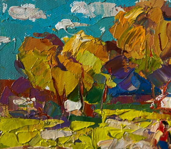 Image 1 of Original Oil Painting Summer Village Landscape On The Pasture Silence