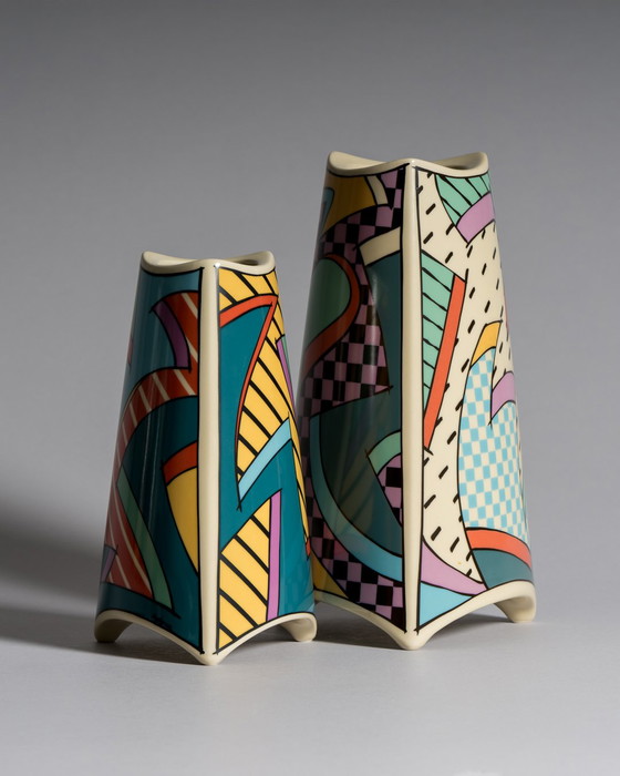 Image 1 of Dorothy Hafner for Rosenthal, “Flash” Vase Duo with Matching Candleholder Pair, Germany, 1980s