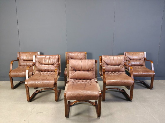 Image 1 of Vintage Asko Pajamies Finland leren multiplex stoelen, set van 6 - jaren 70