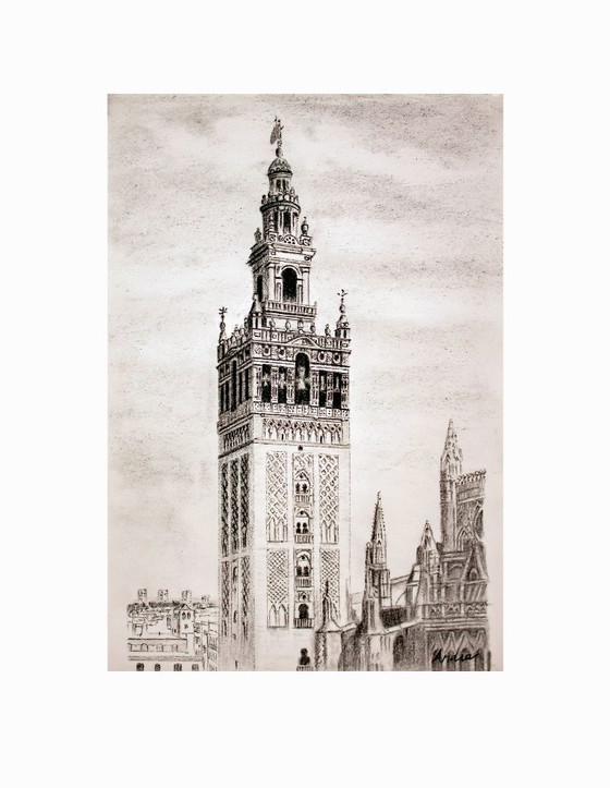 Image 1 of Charcoal drawing of the Giralda of Seville. Giralda of Seville, Spain. Seville Giralda drawing. New.
