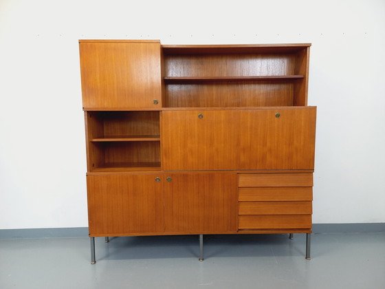 Image 1 of Louis Paolozzi's vintage modernist secretary bookcase for Monopoly in teak and metal from the 60s