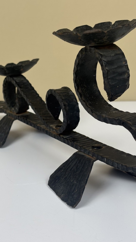 Image 1 of Brutalist forged black iron handmade Scandinavian Viking boat candlestick
