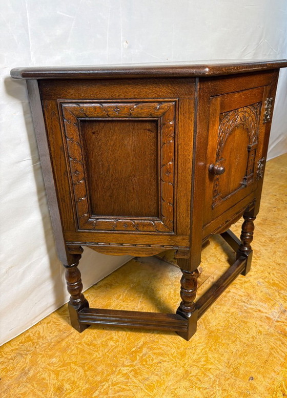Image 1 of Vintage Old Charm Furniture Canted Side Cabinet by Wood Brothers (Circa 1970)  A charming and beautifully crafted vintage canted