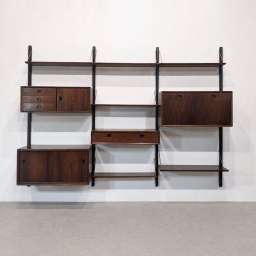 Mueble de pared modular de estilo vintage en madera de palisandro.